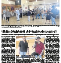 Erstes Foto: Moderatorin auf der Bühne, die zu Gitarrenmusik sinSeniorinnen und Senioren tanzen gemeinsam auf einer Tanzfläche im Pavillon des Haus Waldeck, während andere Gäste an Tischen sitzen und die gesellige Atmosphäre genießen. Zweites Foto: Die Seniorenbeauftragte Stefanie Ondruch steht neben Sänger Tommy Hill, bekannt als ‚Elvis aus dem Ried‘, der vor einem Mikrofon auftritt