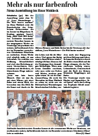 Zeitungsartikel über die Ausstellung „Lena Westenberger – Die Welt bunter machen“ im Haus Waldeck in Griesheim. Der Beitrag würdigt die im November verstorbene Künstlerin und beschreibt ihre farbenfrohen Werke als Ausdruck von Hoffnung, Menschlichkeit und Lebensfreude. Fotos zeigen Helena Altmann und Heike Spring bei der Vernissage sowie zahlreiche Besucher der Ausstellung.