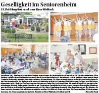 Zeitungsartikel über das Frühlingsfest im Haus Waldeck mit Fotos von Besuchern, Rikscha-Fahrt und Tanzvorführung.