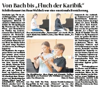 Zeitungsartikel über das Schülerkonzert im Haus Waldeck mit Fotos von Kindern, die Klavierspielen und die Föte spielen.