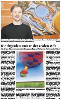 Ansicht des Artikels, der im Griesheimer Anzeiger vom 12.11.2025 veröffentlicht wurde, Foto mit Paul Alexander Heigel vor seinem digitalen Kunstwerk „Träumeland“. Die Ausstellung der Bilder im Haus Waldeck ist bis Mai des kommenden Jahres zu den Öffnungszeiten von Haus Waldeck zugänglich.