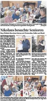 Ansicht des Artikels, der Griesheimer Anzeiger am 12.12.2025 veröffentlicht wurde, Foto mit Senioren und mit Nikolaus, der Geschenke vertreilt.